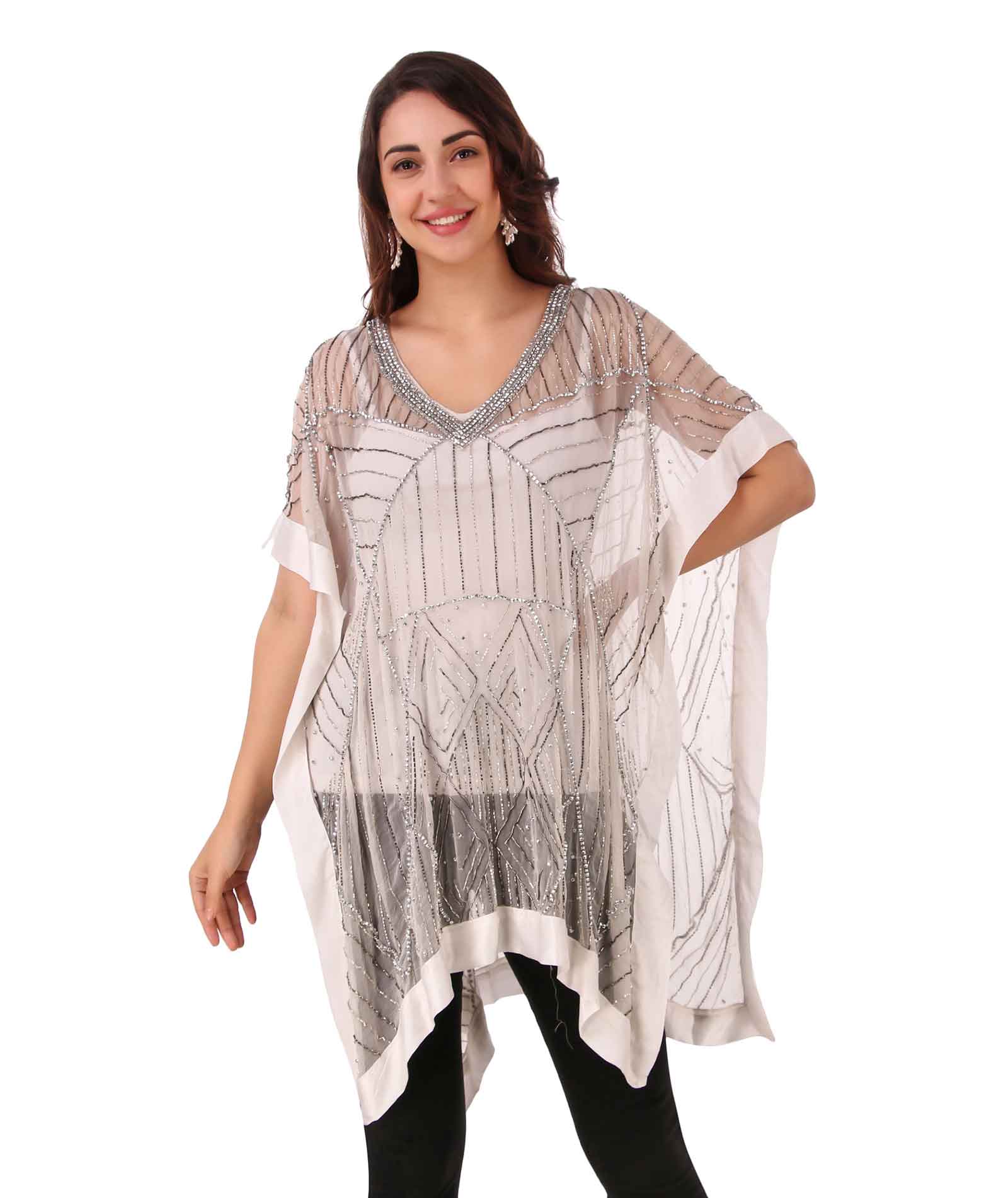 Silk Hand Beaded Short Kaftan Dress